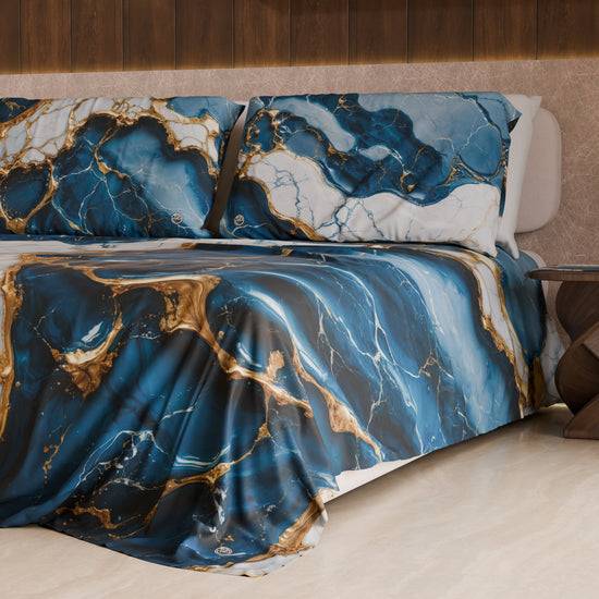 PETTI Lenzuolo Copriletto E Federe Eleganti Effetto Marmo Blu Oceano - OCEAGLINT