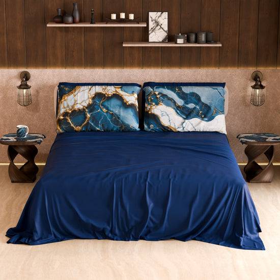 PETTI Lenzuolo Copriletto E Federe Eleganti Effetto Marmo Blu Oceano - OCEAGLINT