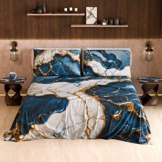 PETTI Lenzuolo Copriletto E Federe Eleganti Effetto Marmo Blu Oceano - OCEAGLINT