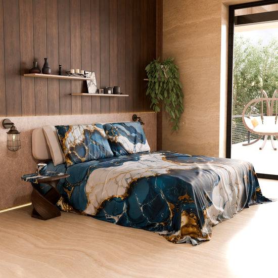 PETTI Lenzuolo Copriletto E Federe Eleganti Effetto Marmo Blu Oceano - OCEAGLINT