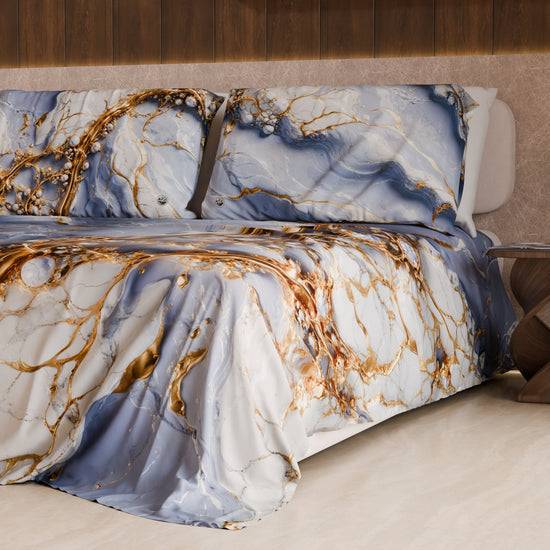 PETTI Lenzuolo Copriletto E Federe Eleganti Effetto Marmo Indaco - PERIWINKY