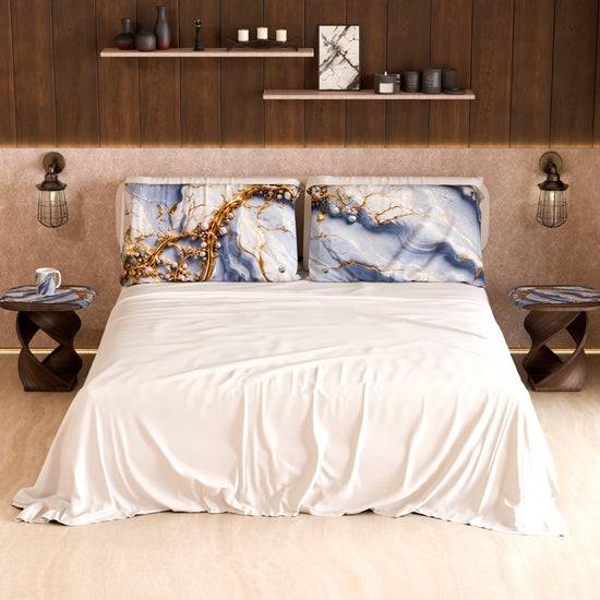 PETTI Lenzuolo Copriletto E Federe Eleganti Effetto Marmo Indaco - PERIWINKY