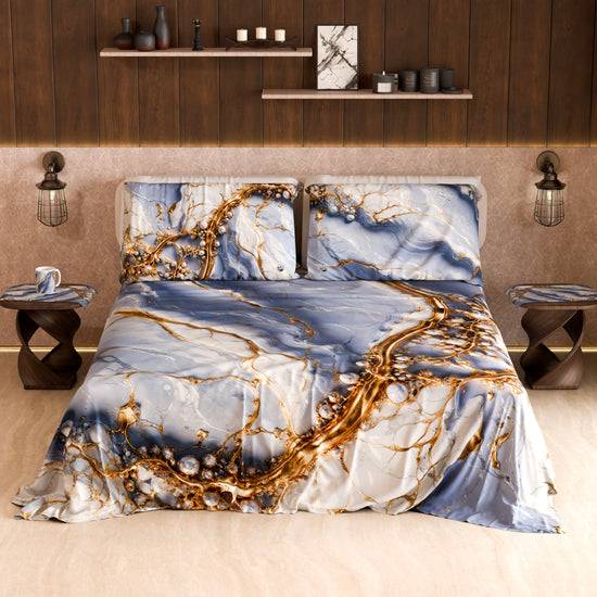 PETTI Lenzuolo Copriletto E Federe Eleganti Effetto Marmo Indaco - PERIWINKY