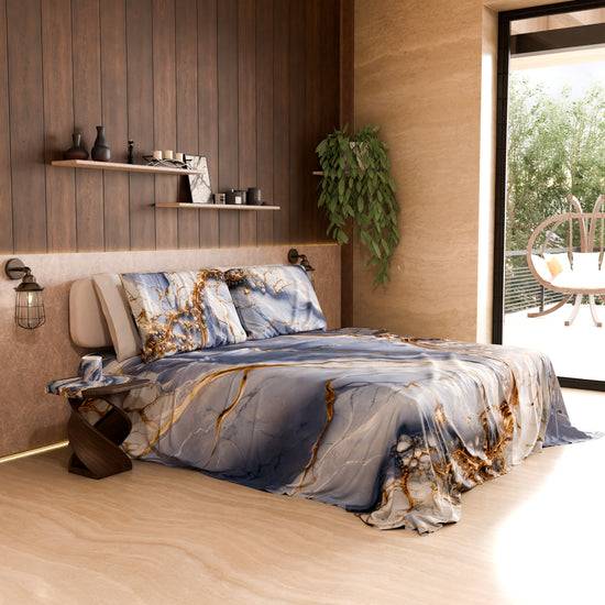 PETTI Lenzuolo Copriletto E Federe Eleganti Effetto Marmo Indaco - PERIWINKY