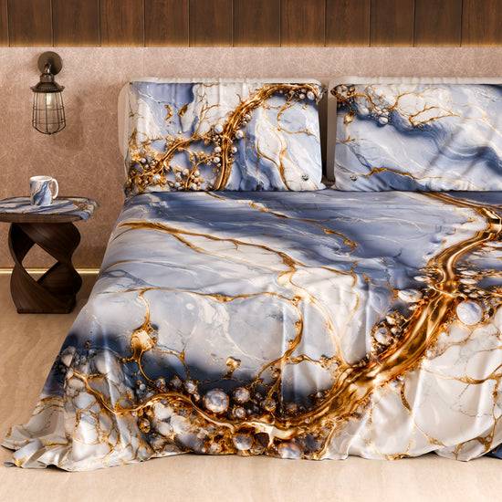 PETTI Lenzuolo Copriletto e Federe Eleganti Effetto Marmo Indaco - PERIWINKY