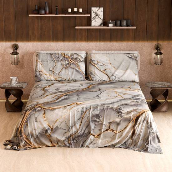 PETTI Lenzuolo Copriletto E Federe Eleganti Effetto Marmo Grigio Chiaro - GRAFYLUX