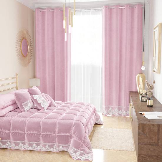 PETTI Tenda A Pannello In Velluto Per Interni Con Anelli E Pizzo Rebrodè, 140x280 Cm, Rosa By Sissy