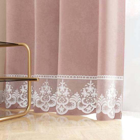 PETTI Tenda A Pannello In Velluto Per Interni Con Anelli E Pizzo Rebrodè, 140x280 Cm, Cipria By Sissy