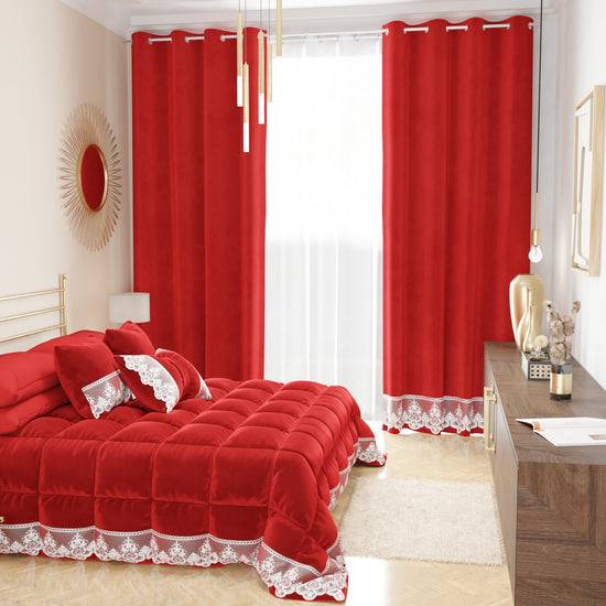 PETTI Tenda A Pannello In Velluto Per Interni Con Anelli E Pizzo Rebrodè, 140x280 Cm, Rosso By Sissy