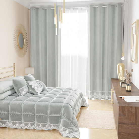 PETTI Tenda A Pannello In Velluto Per Interni Con Anelli E Pizzo Rebrodè, 140x280 Cm, Grigio Chiaro By Sissy