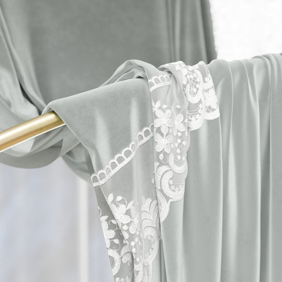 PETTI Tenda A Pannello In Velluto Per Interni Con Anelli E Pizzo Rebrodè, 140x280 Cm, Grigio Chiaro By Sissy