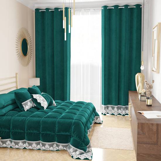 PETTI Tenda A Pannello In Velluto Per Interni Con Anelli E Pizzo Rebrodè, 140x280 Cm, Ottanio By Sissy