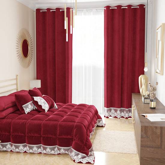 PETTI Tenda A Pannello In Velluto Per Interni Con Anelli E Pizzo Rebrodè, 140x280 Cm, Bordeaux By Sissy