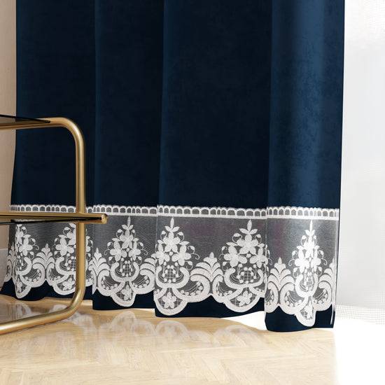 PETTI Tenda A Pannello In Velluto Per Interni Con Anelli E Pizzo Rebrodè, 140x280 Cm, Blu By Sissy