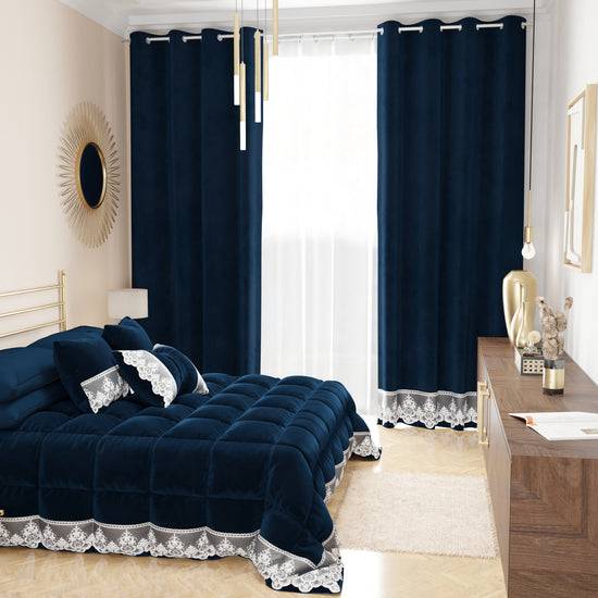 PETTI Tenda A Pannello In Velluto Per Interni Con Anelli E Pizzo Rebrodè, 140x280 Cm, Blu By Sissy