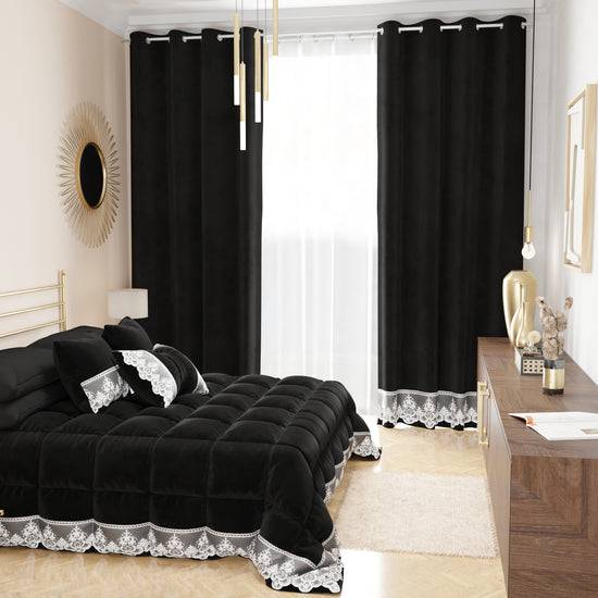 PETTI Tenda A Pannello In Velluto Per Interni Con Anelli E Pizzo Rebrodè, 140x280 Cm, Nero By Sissy