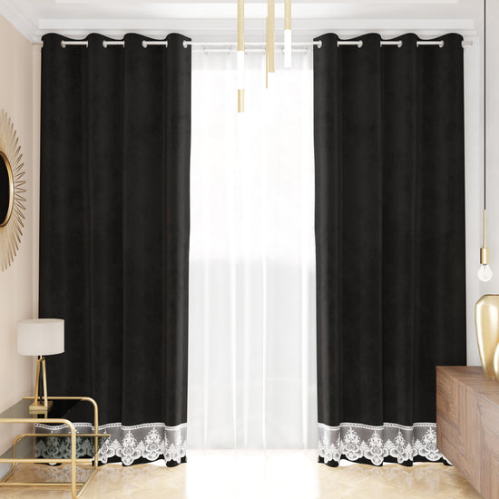 PETTI Tenda a Pannello in Velluto per Interni con Anelli e Pizzo Rebrodè, 140x280 cm, Nero by Sissy