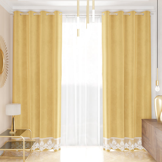 PETTI Tenda a Pannello in Velluto per Interni con Anelli e Pizzo Rebrodè, 140x280 cm, Oro by Sissy