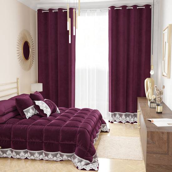 PETTI Tenda A Pannello In Velluto Per Interni Con Anelli E Pizzo Rebrodè, 140x280 Cm, Prugna By Sissy