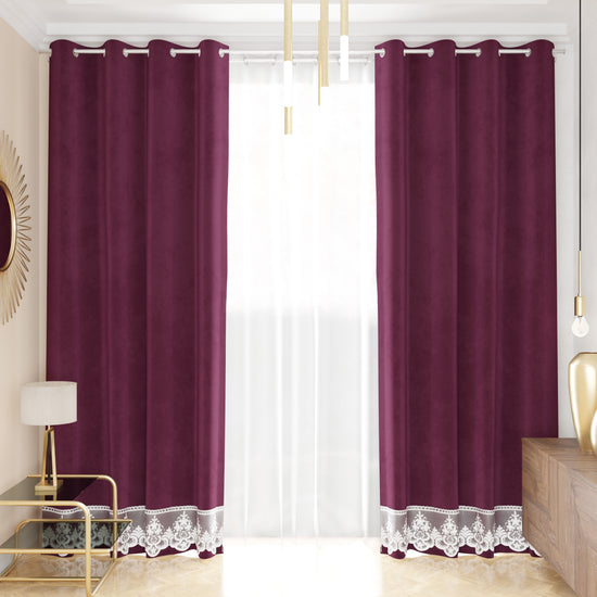PETTI Tenda a Pannello in Velluto per Interni con Anelli e Pizzo Rebrodè, 140x280 cm, Prugna by Sissy