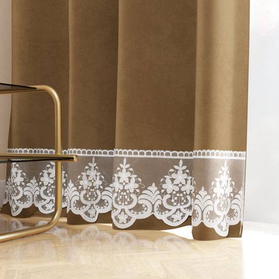 PETTI Tenda A Pannello In Velluto Per Interni Con Anelli E Pizzo Rebrodè, 140x280 Cm, Tortora By Sissy