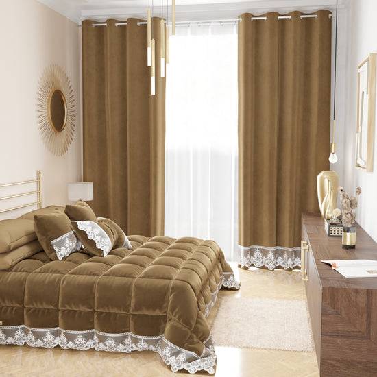 PETTI Tenda A Pannello In Velluto Per Interni Con Anelli E Pizzo Rebrodè, 140x280 Cm, Tortora By Sissy