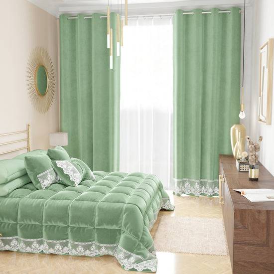PETTI Tenda A Pannello In Velluto Per Interni Con Anelli E Pizzo Rebrodè, 140x280 Cm, Salvia By Sissy