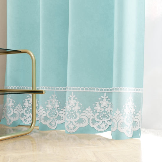 PETTI Tenda A Pannello In Velluto Per Interni Con Anelli E Pizzo Rebrodè, 140x280 Cm, Celeste By Sissy