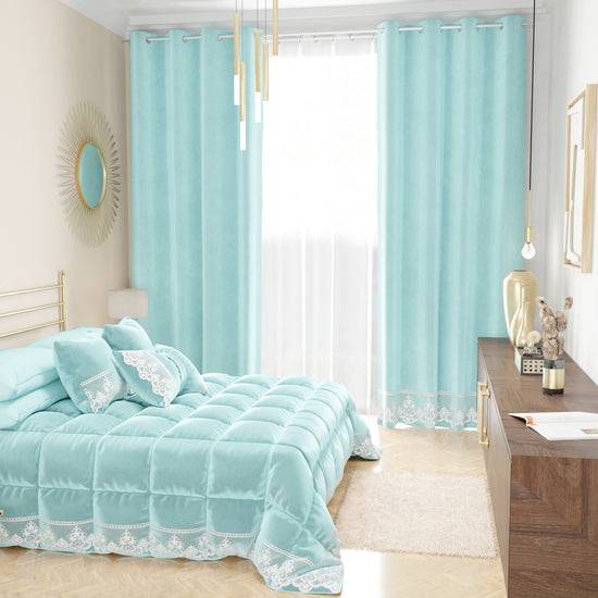 PETTI Tenda A Pannello In Velluto Per Interni Con Anelli E Pizzo Rebrodè, 140x280 Cm, Celeste By Sissy