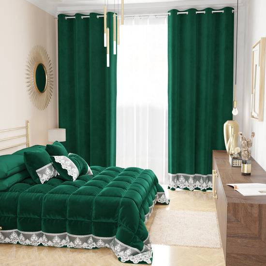PETTI Tenda A Pannello In Velluto Per Interni Con Anelli E Pizzo Rebrodè, 140x280 Cm, Smeraldo By Sissy
