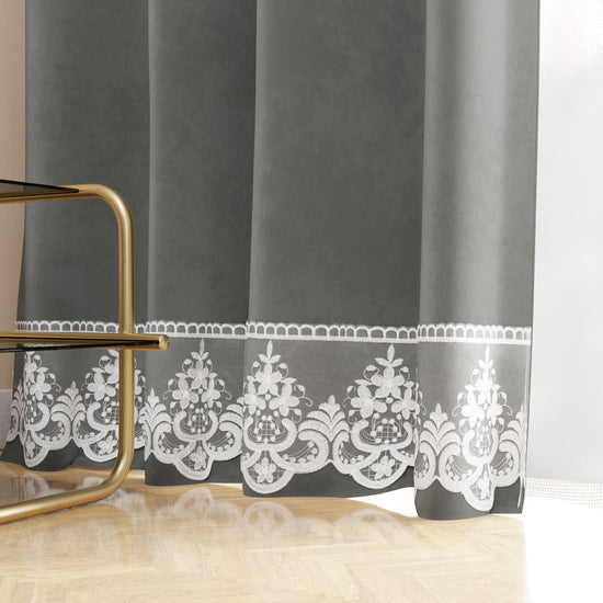 PETTI Tenda A Pannello In Velluto Per Interni Con Anelli E Pizzo Rebrodè, 140x280 Cm, Grigio Scuro By Sissy