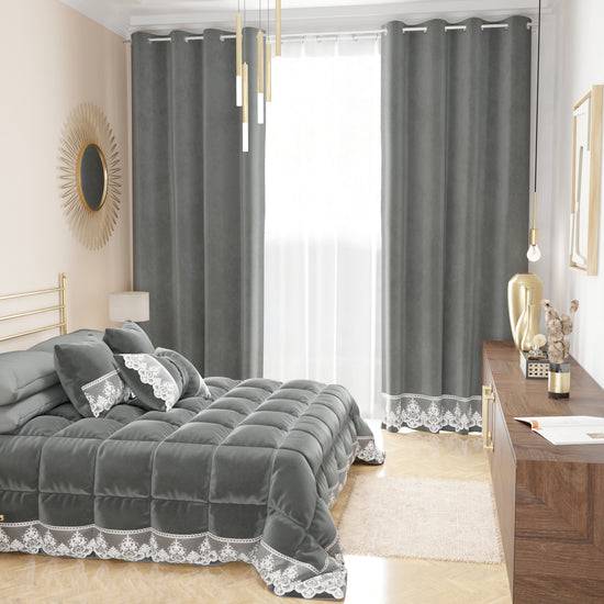 PETTI Tenda A Pannello In Velluto Per Interni Con Anelli E Pizzo Rebrodè, 140x280 Cm, Grigio Scuro By Sissy