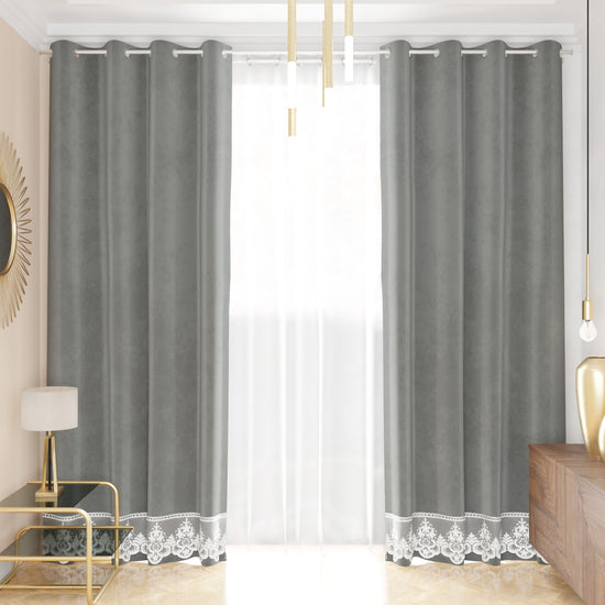 PETTI Tenda a Pannello in Velluto per Interni con Anelli e Pizzo Rebrodè, 140x280 cm, Grigio Scuro by Sissy