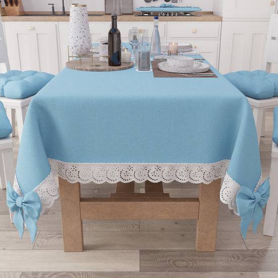PETTI Tovaglia Da Tavola Shabby Chic Copritavolo Con Pizzo E Fiocchi Celeste