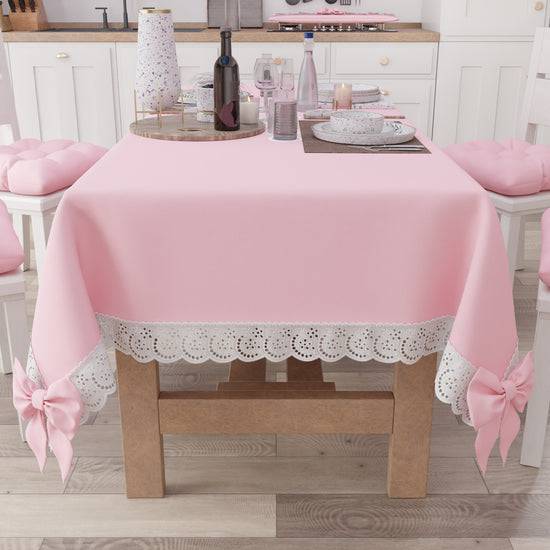 PETTI Tovaglia Da Tavola Shabby Chic Copritavolo Con Pizzo E Fiocchi Rosa