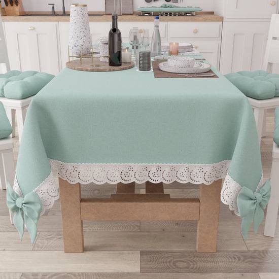 PETTI Tovaglia Da Tavola Shabby Chic Copritavolo Con Pizzo E Fiocchi Verde Acqua