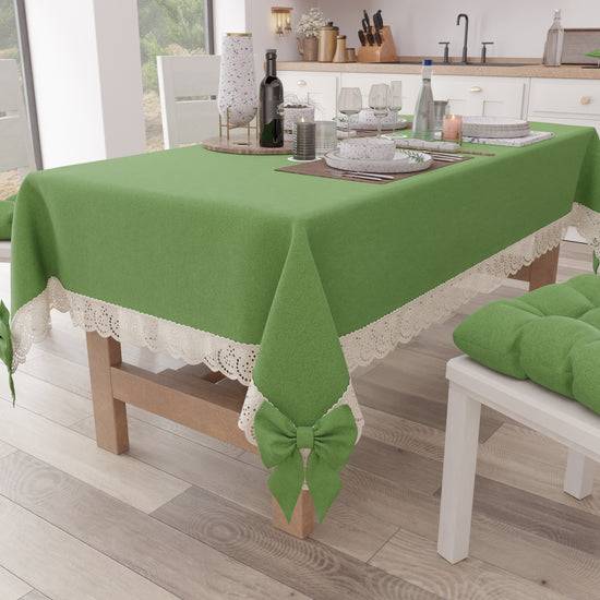 PETTI Tovaglia da Tavola Shabby Chic Copritavolo con Pizzo e Fiocchi Verde