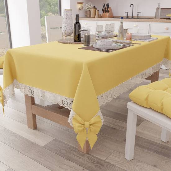 PETTI Tovaglia da Tavola Shabby Chic Copritavolo con Pizzo e Fiocchi Giallo
