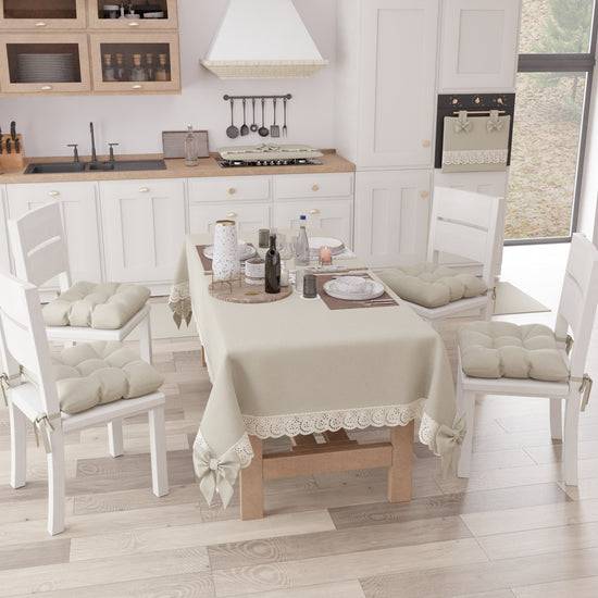 PETTI Tovaglia Da Tavola Shabby Chic Copritavolo Con Pizzo E Fiocchi Beige
