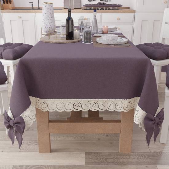 PETTI Tovaglia Da Tavola Shabby Chic Copritavolo Con Pizzo E Fiocchi Malva