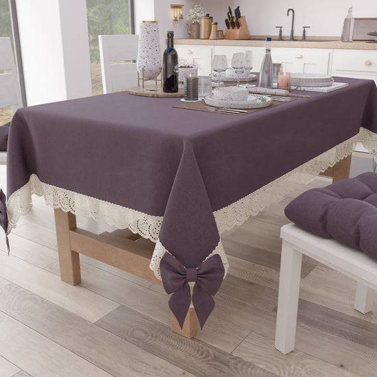 PETTI Tovaglia Da Tavola Shabby Chic Copritavolo Con Pizzo E Fiocchi Malva
