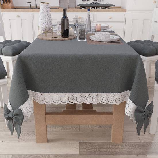 PETTI Tovaglia Da Tavola Shabby Chic Copritavolo Con Pizzo E Fiocchi Grigio Scuro