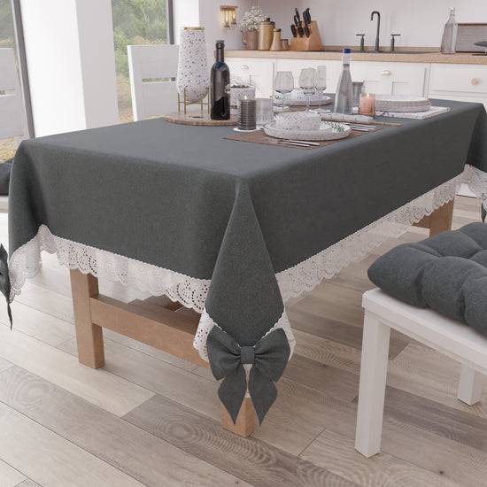 PETTI Tovaglia da Tavola Shabby Chic Copritavolo con Pizzo e Fiocchi Grigio Scuro