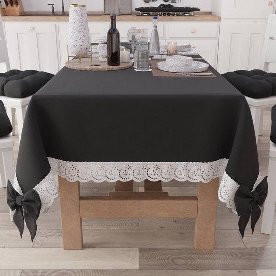 PETTI Tovaglia Da Tavola Shabby Chic Copritavolo Con Pizzo E Fiocchi Nero
