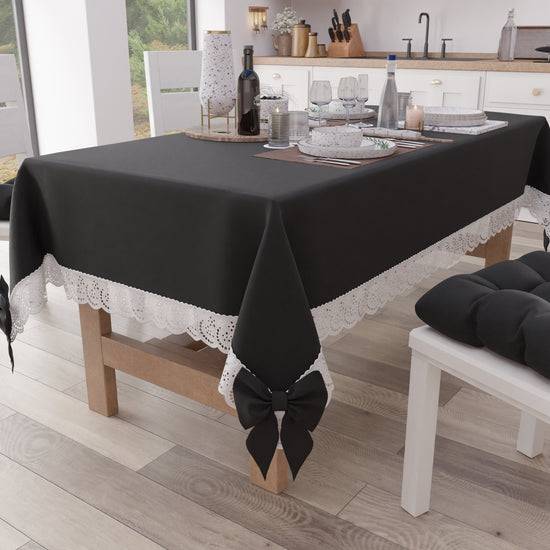 PETTI Tovaglia da Tavola Shabby Chic Copritavolo con Pizzo e Fiocchi Nero