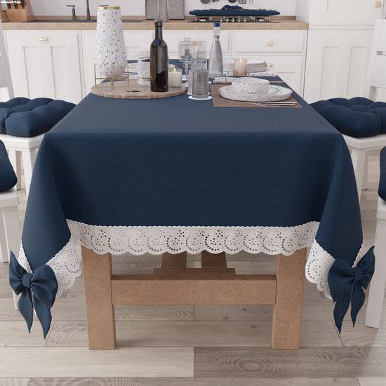 PETTI Tovaglia Da Tavola Shabby Chic Copritavolo Con Pizzo E Fiocchi Blu Notte