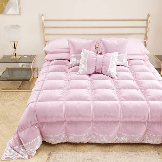 PETTI Trapunta Invernale In Morbido E Caldo Velluto E Balza Con Pizzo Rebrodè Rosa By Sissy