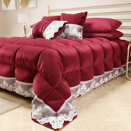 PETTI Trapunta Invernale In Morbido E Caldo Velluto E Balza Con Pizzo Rebrodè Bordeaux By Sissy