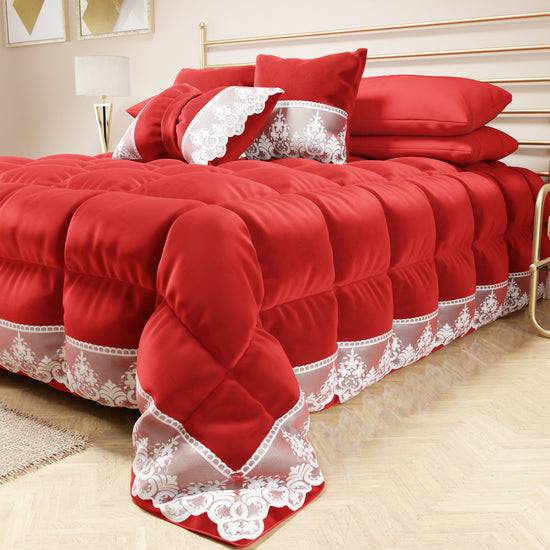 PETTI Trapunta Invernale In Morbido E Caldo Velluto E Balza Con Pizzo Rebrodè Rosso By Sissy