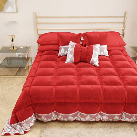 PETTI Trapunta Invernale In Morbido E Caldo Velluto E Balza Con Pizzo Rebrodè Rosso By Sissy